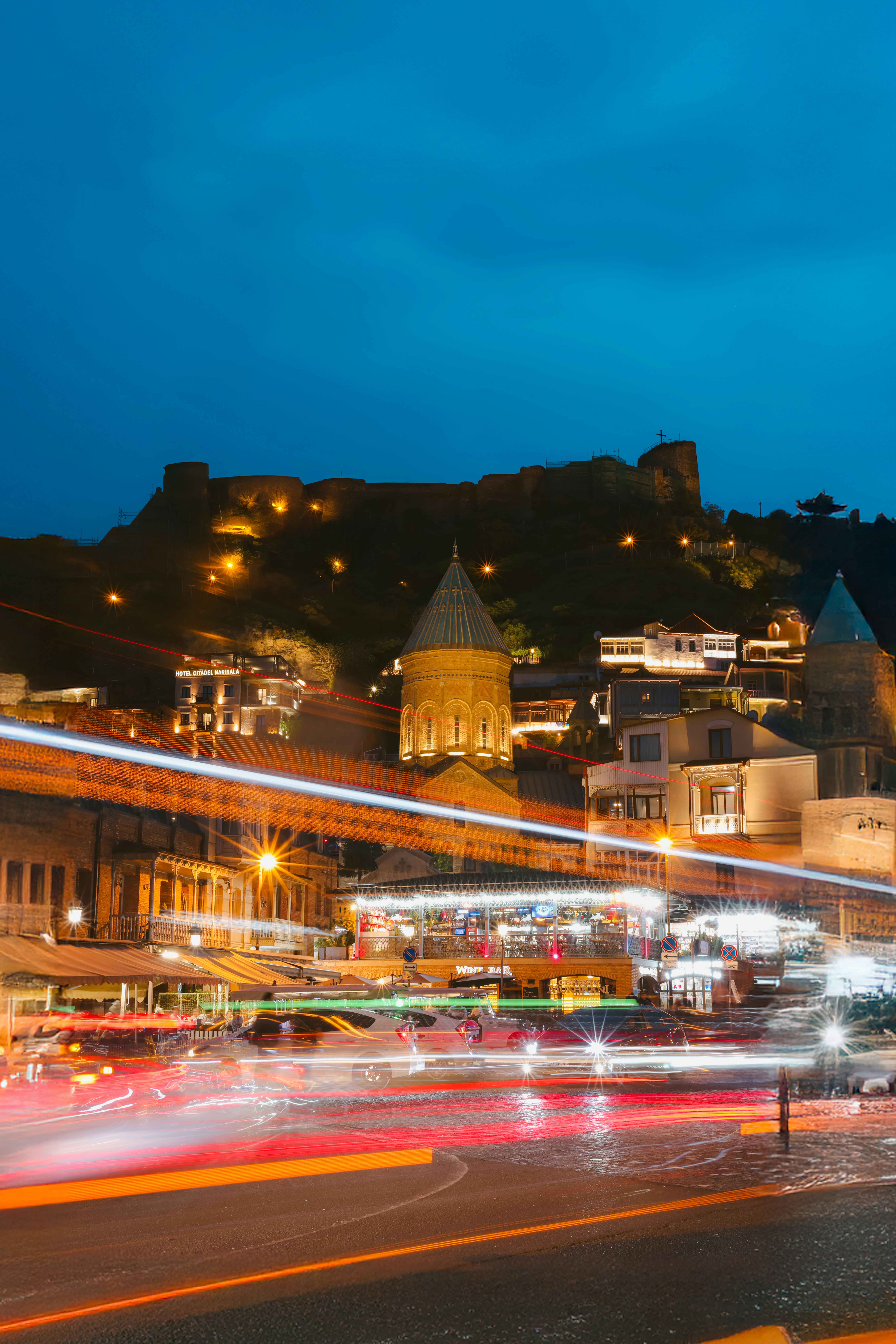 Bridge of Peace at night with LED lights over Mtkvari River